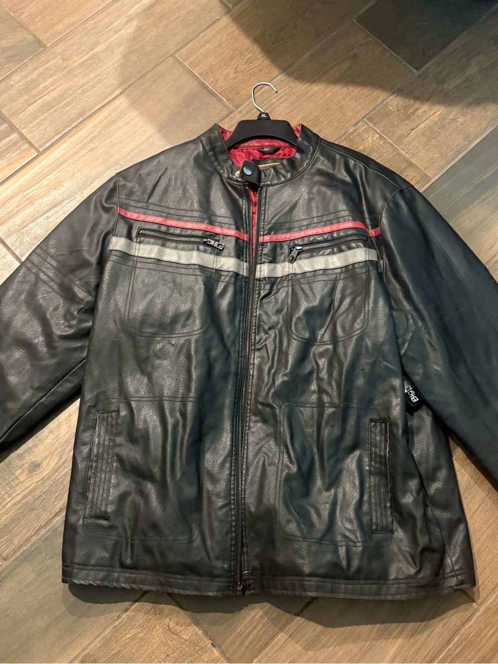 JC Penny/Arizona Black Faux Leather Bomber Jacket with Red Trim
